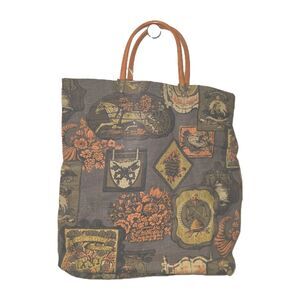 Vintage 60s 70s Colonial Pattern Tote Bag Brown Orange Multi Shopping Handbag